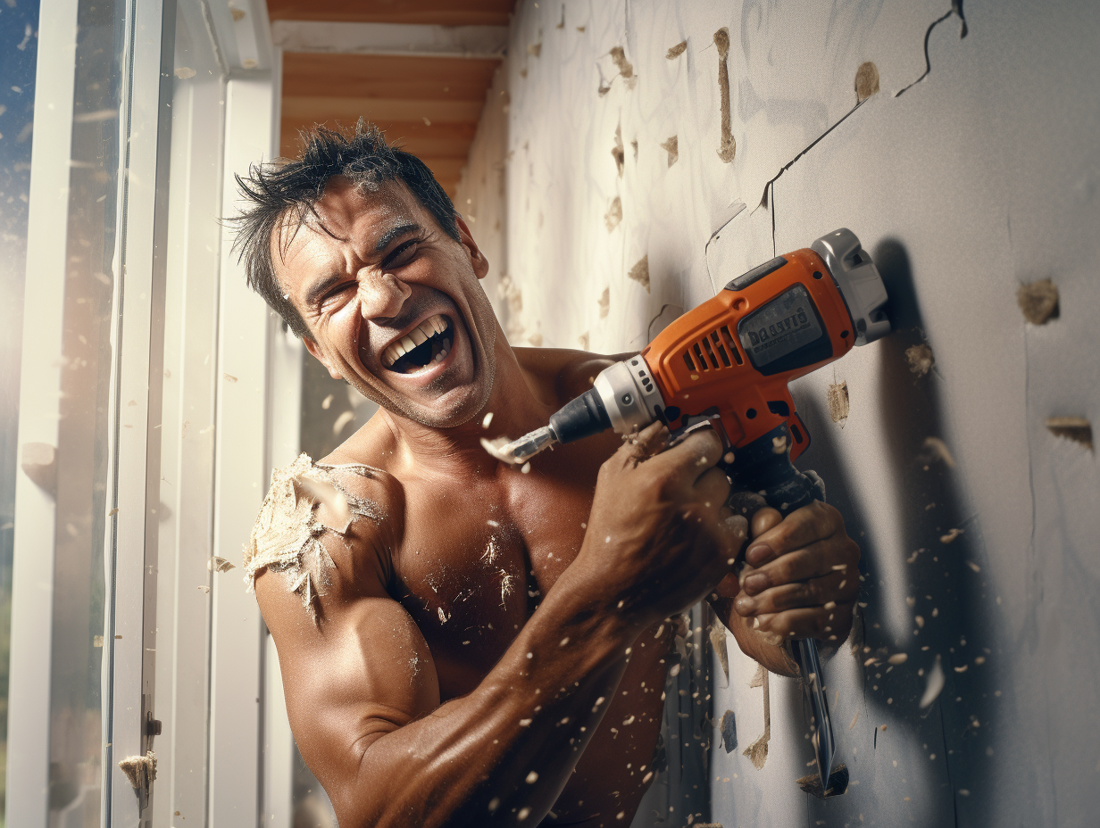 Handyman skillfully drilling bathroom wall