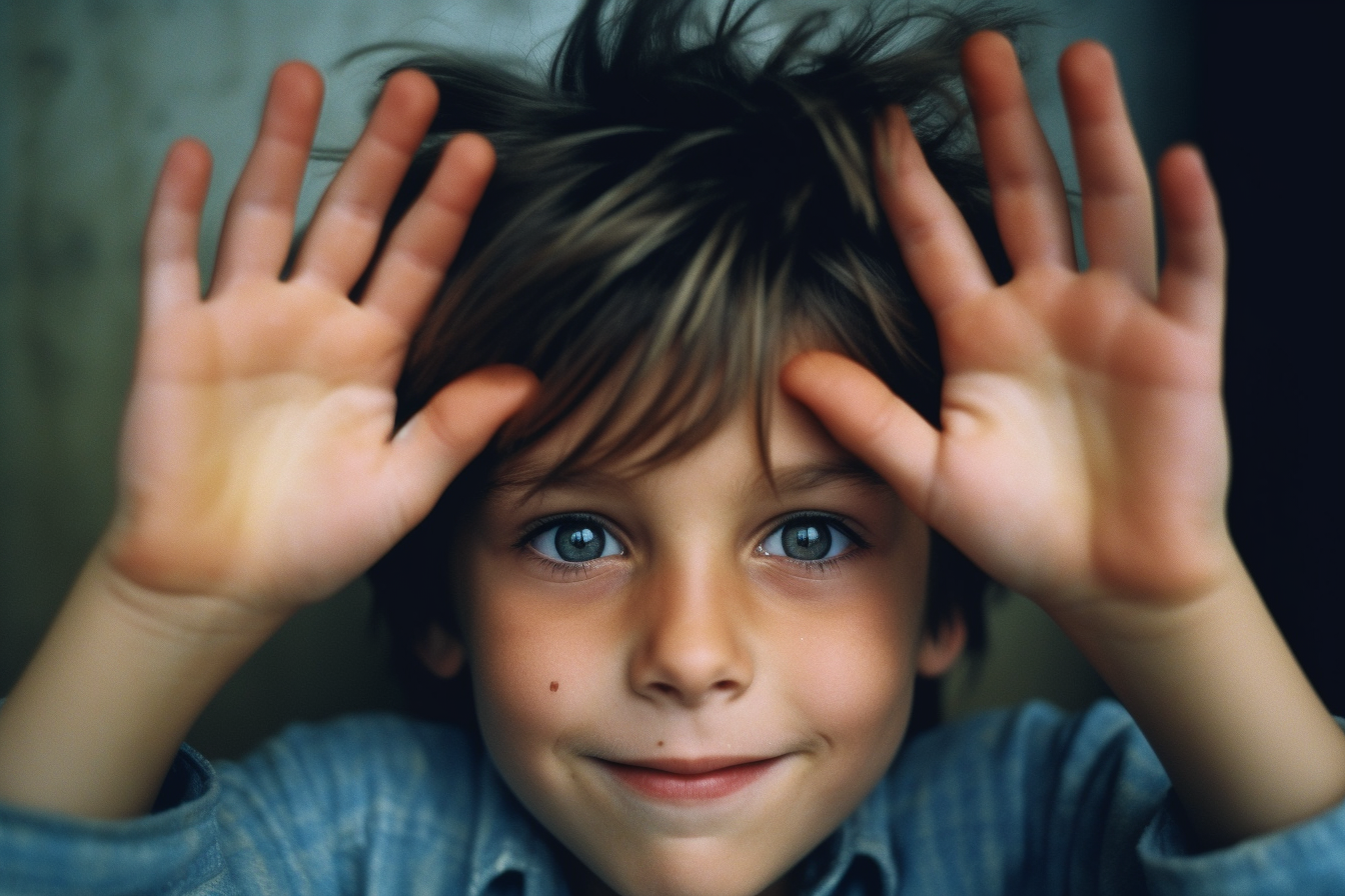 Happy 6-year-old holding hands over head