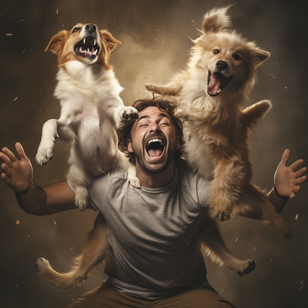 Man happily hugging cat and dog