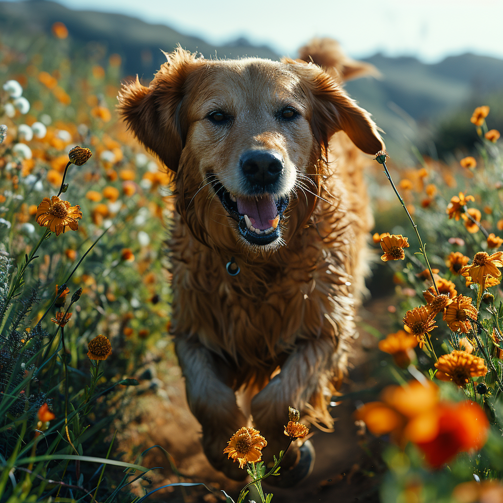 Happy obese retriever dog running in mountain field