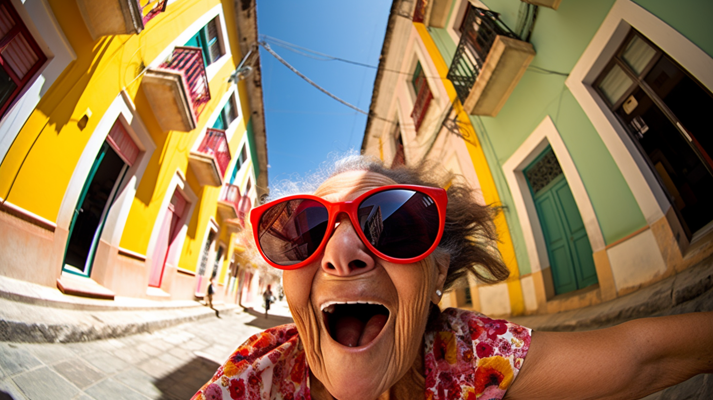 Happy old lady wearing yellow sunglasses