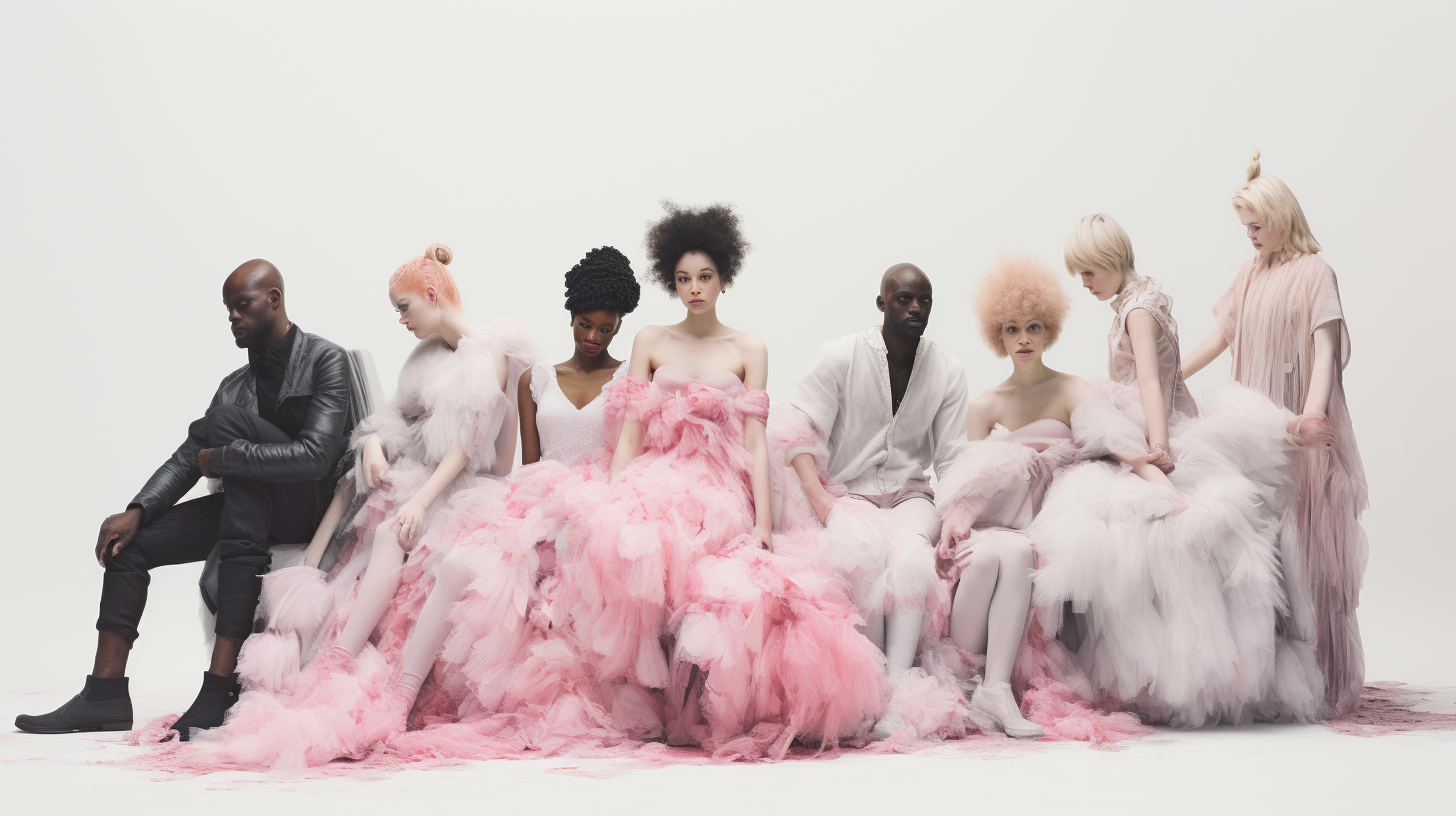 Group of Happy People in Pink, Grey, Black and White