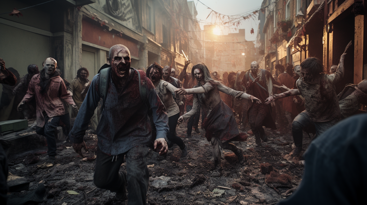 Happy people walking through zombie apocalypse