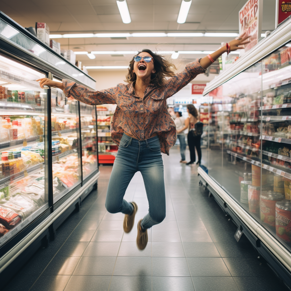 Happy person dancing in grocery store