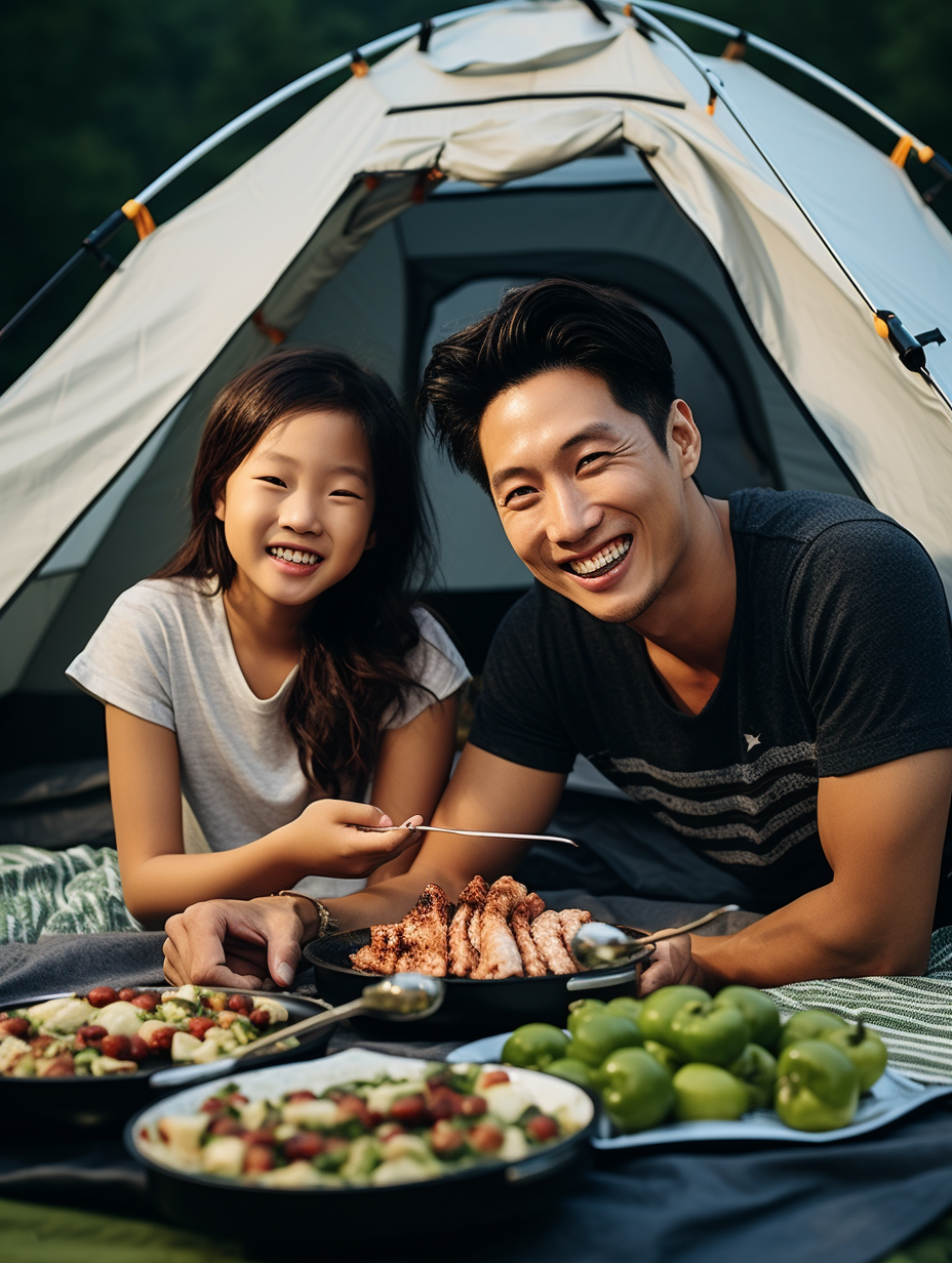 Chinese couple camping and barbecue