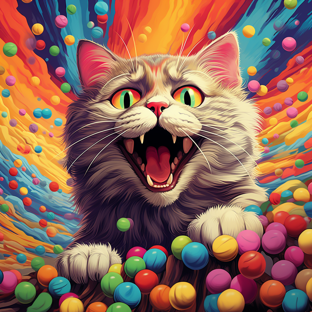 Happy cat roaring in colourful wool ball background