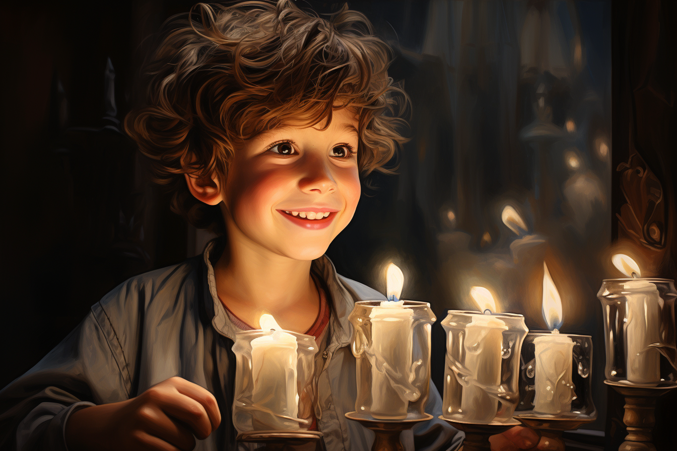 happy Jewish boy looking at menorah candles