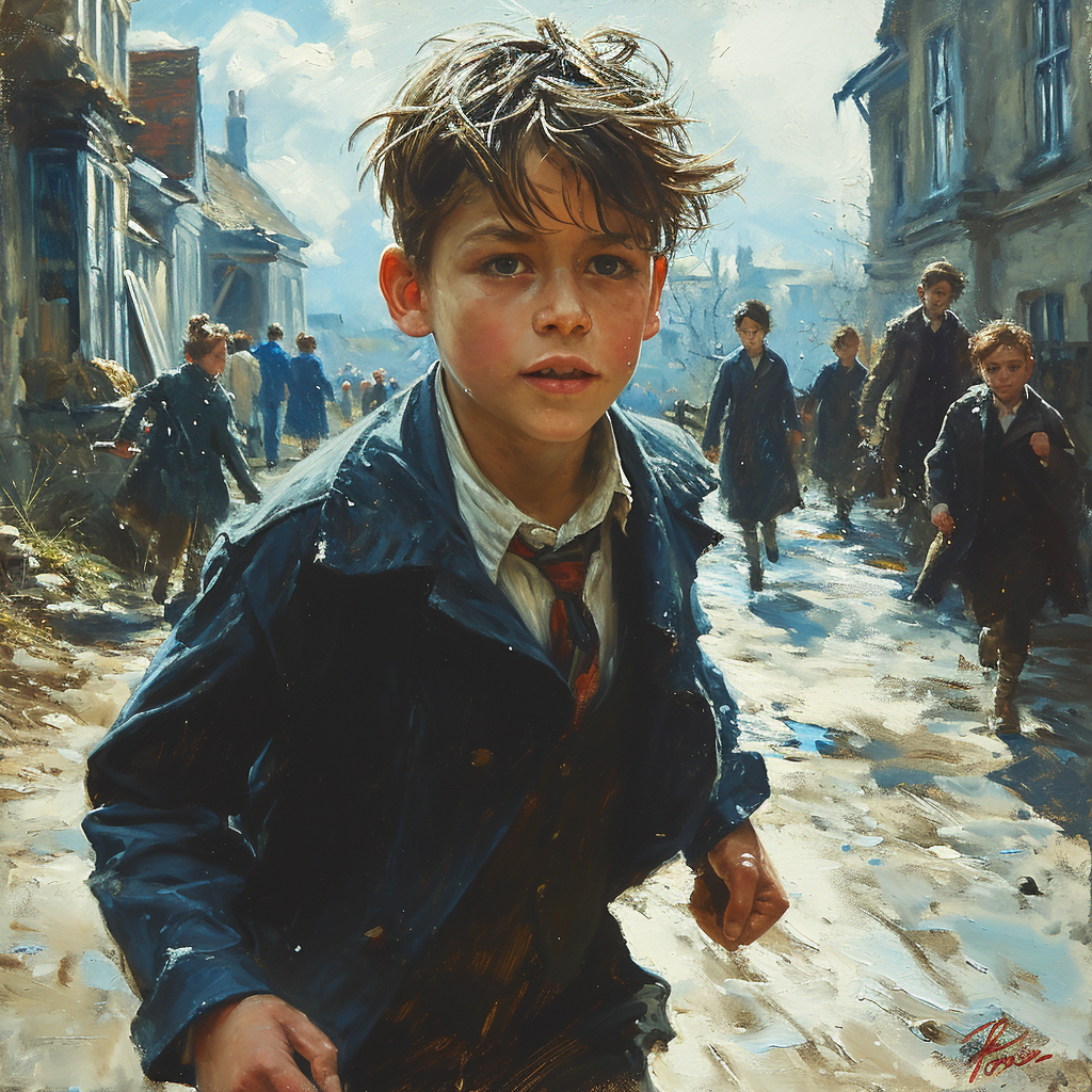 Cheerful schoolboy running in front of school