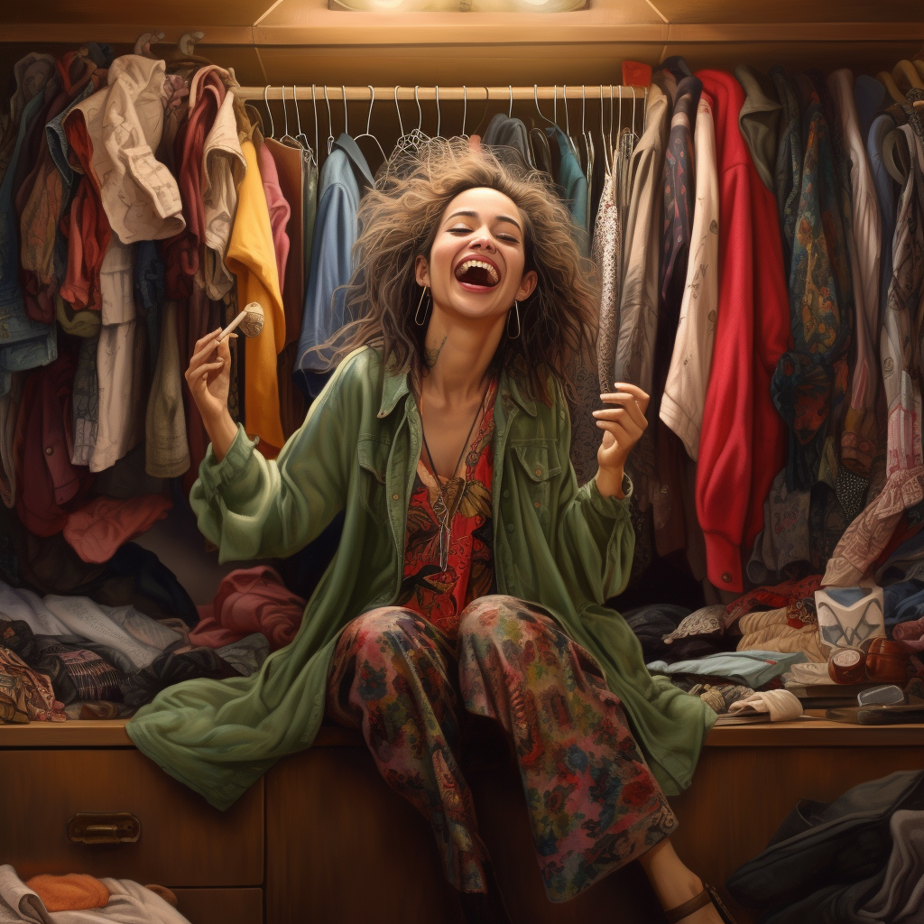 Happy woman changing clothes