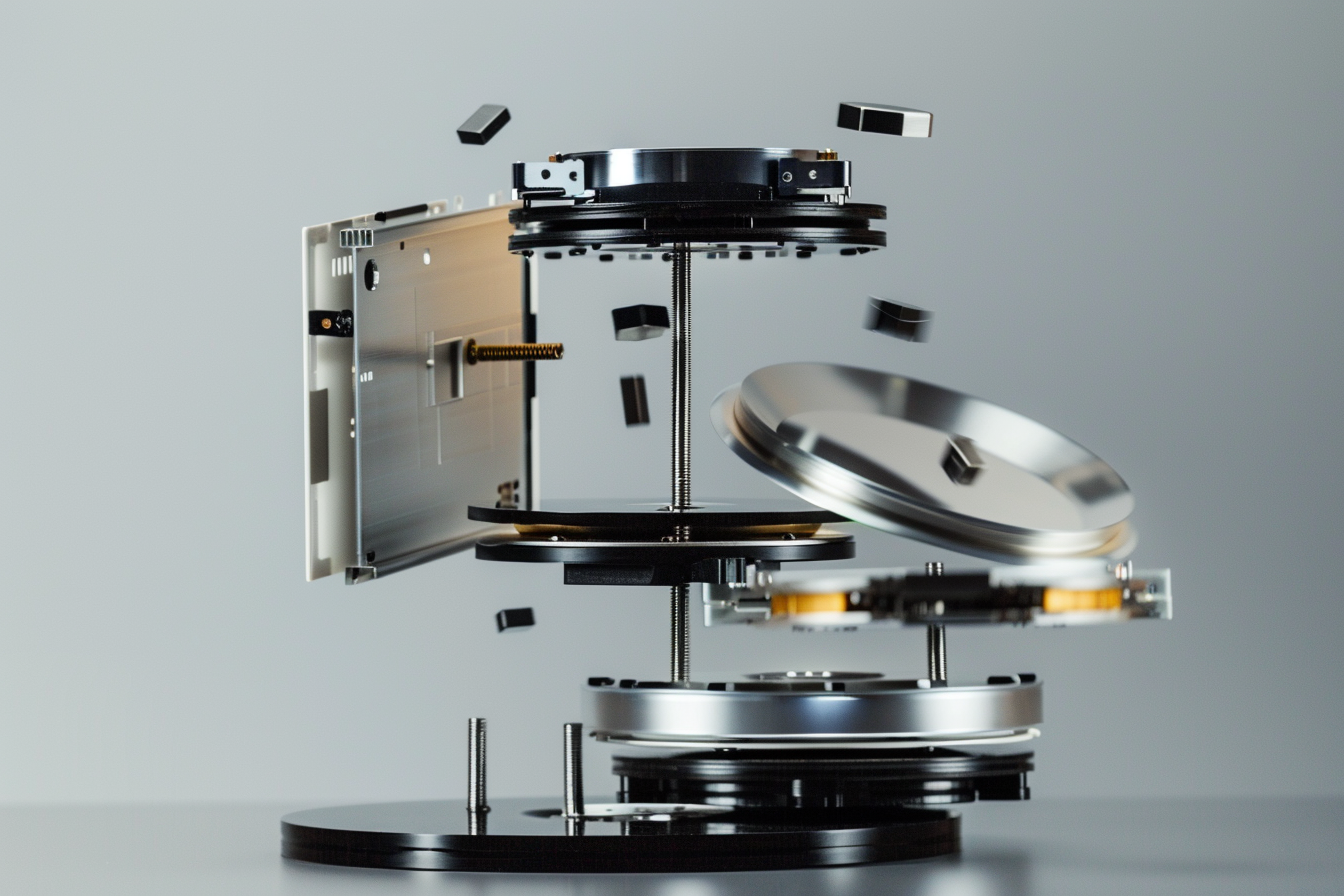 Hard drives balancing on metal rods