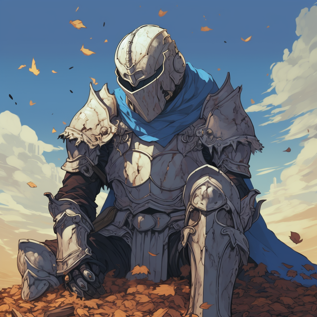 Headless knight holding helmet in anime artstyle