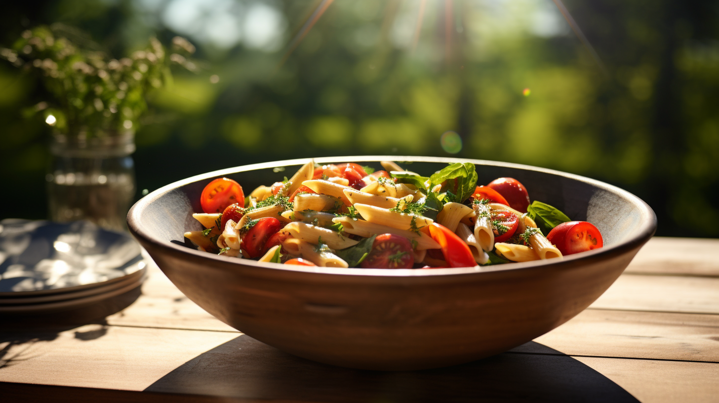 Healthy penne in outdoor kitchen