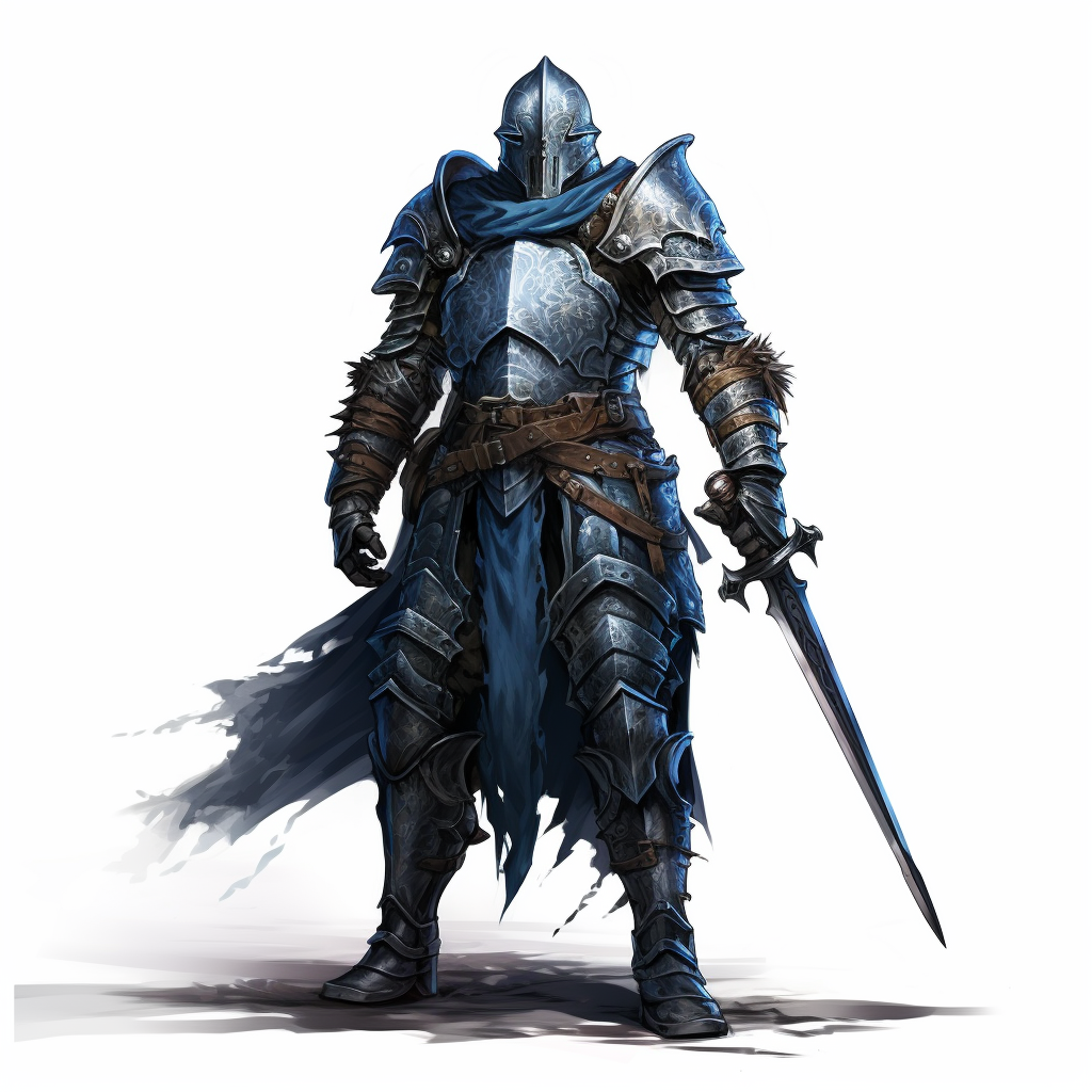 Inquisitional warrior in blue armor wielding a longsword