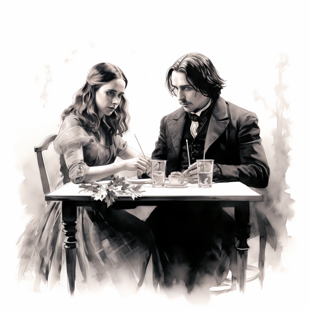 Hermione and Snape sitting at a table sketch