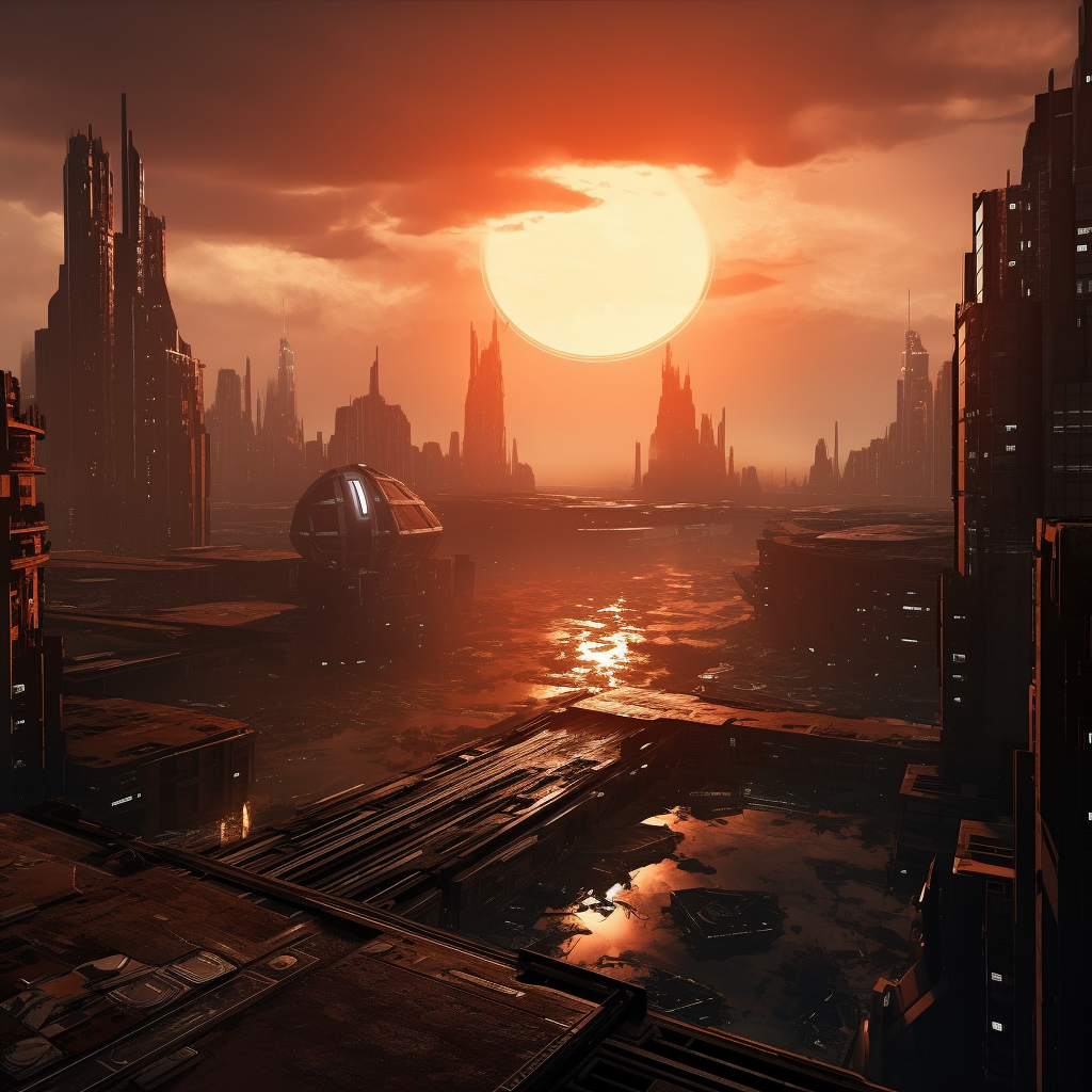 Futuristic sunset view of Highrise Star Wars Coruscant Metropolis Dock