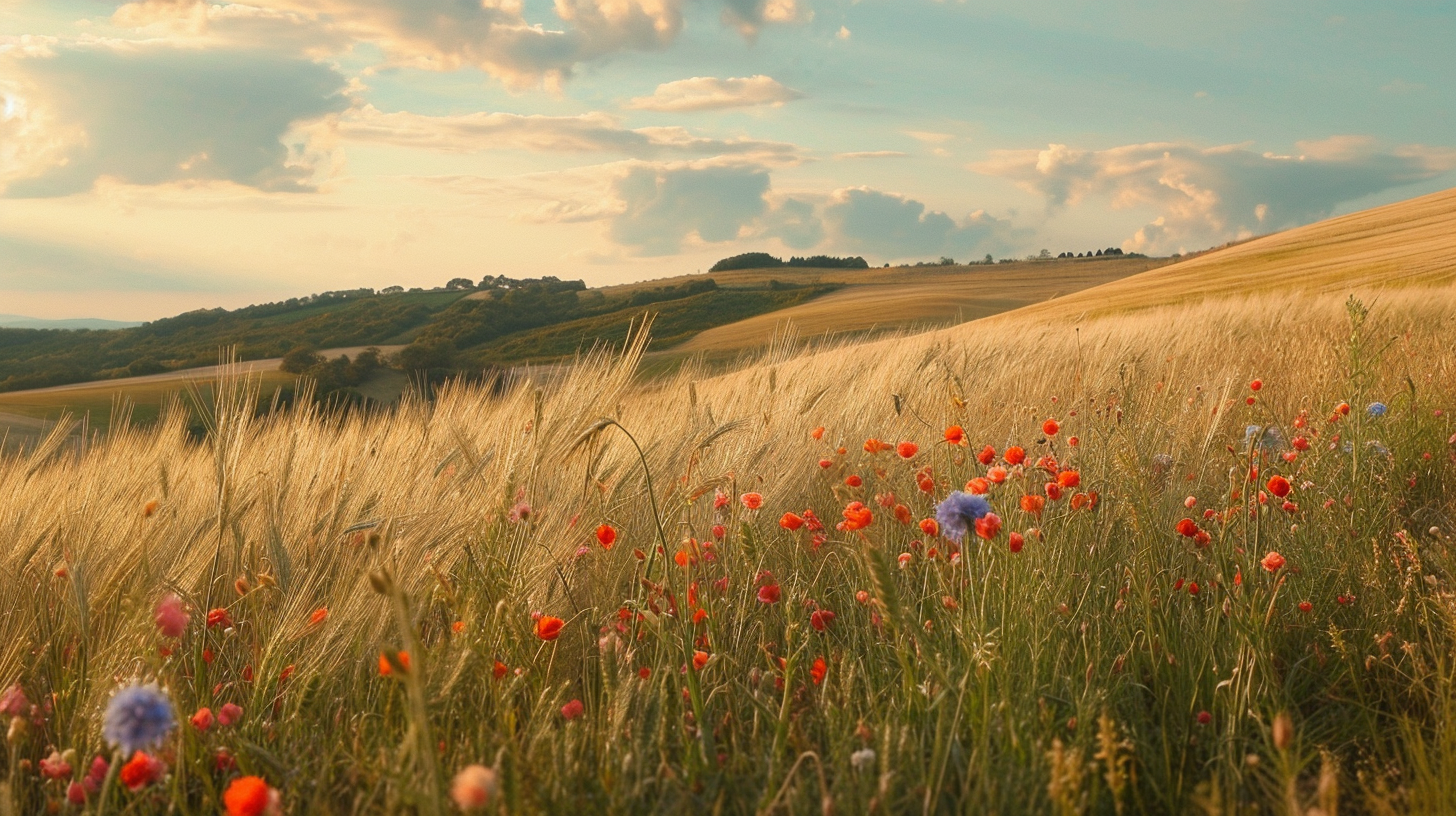 Hillside with Wheat and Flowers