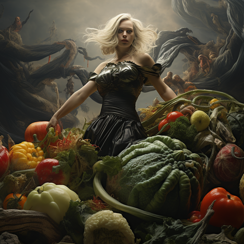 Woman wielding sword against monstrous vegetables