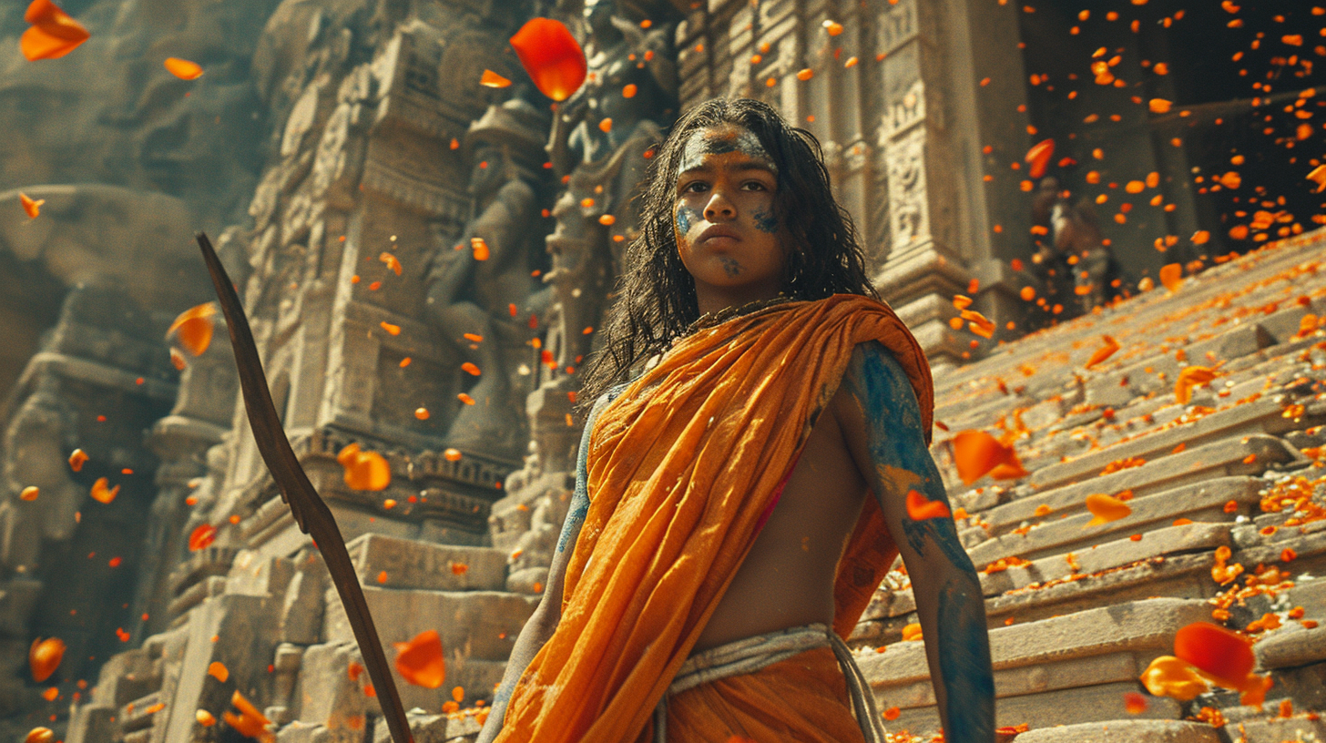 Hindu Prince Rama Boy Holding Bow on Stairs