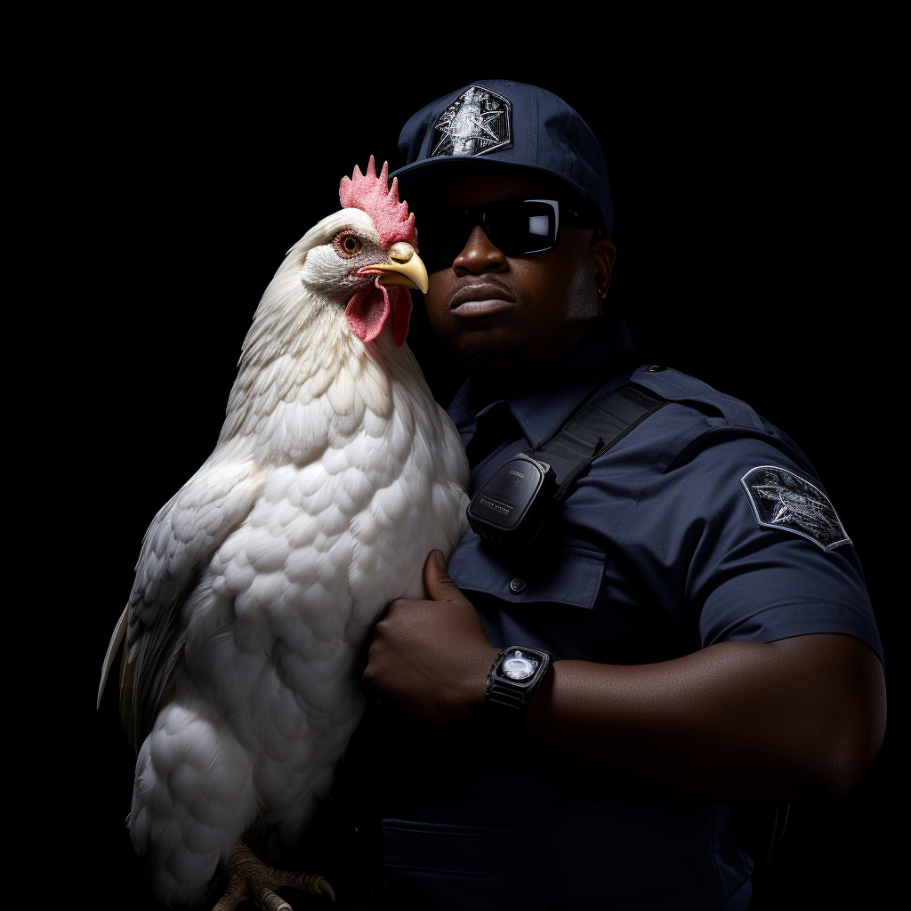 Bodyguard protecting white chicken in hip hop artist's arms