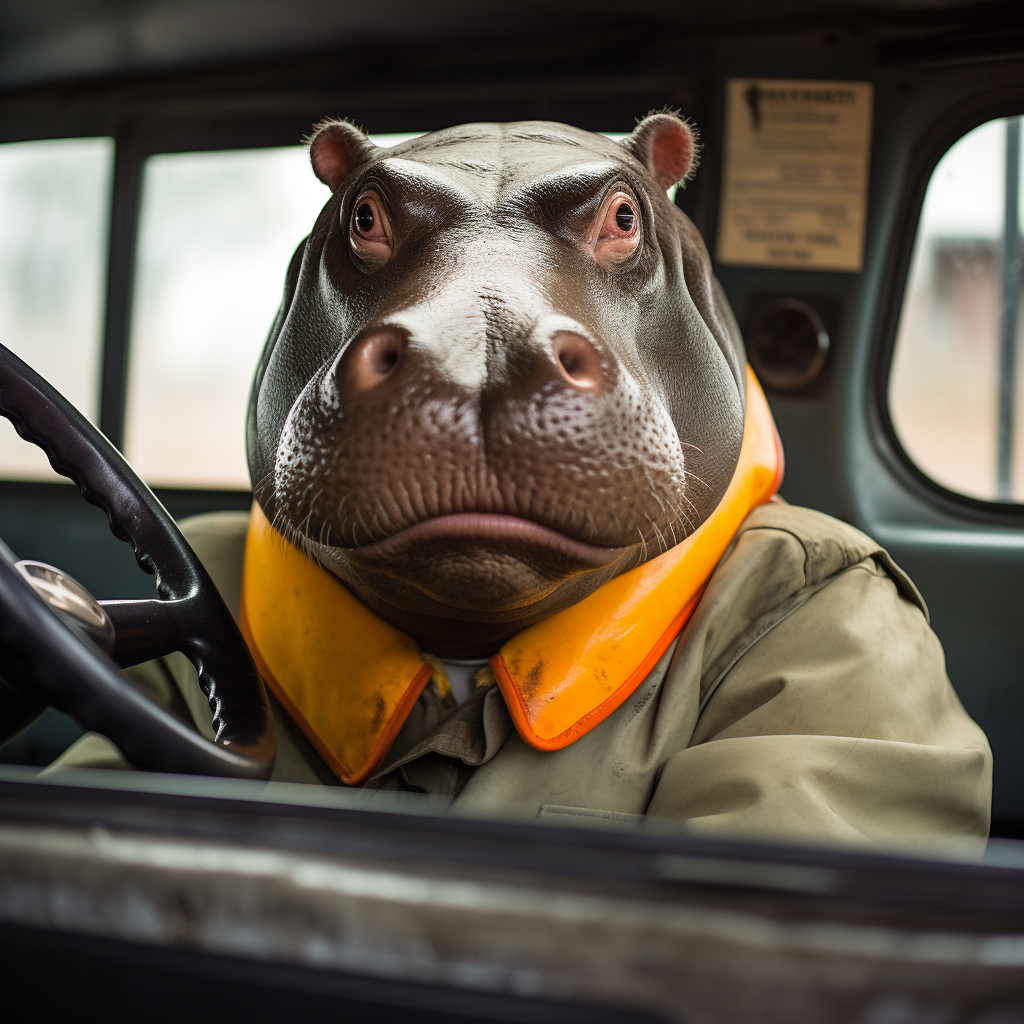 Happy hippo riding in taxi