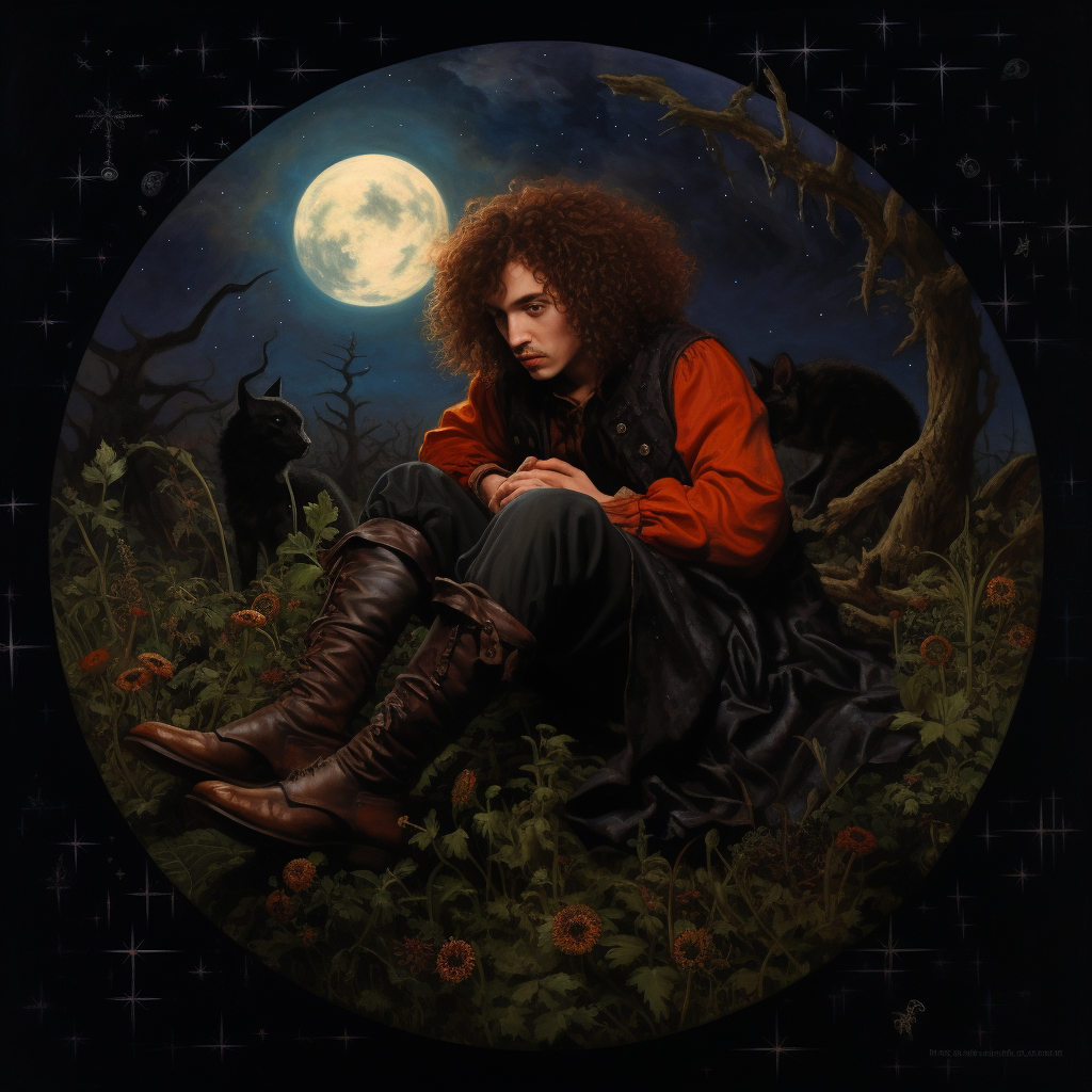 Pre-Raphaelite art of a Hispanic guy sitting on a crescent moon surrounded by tarantulas