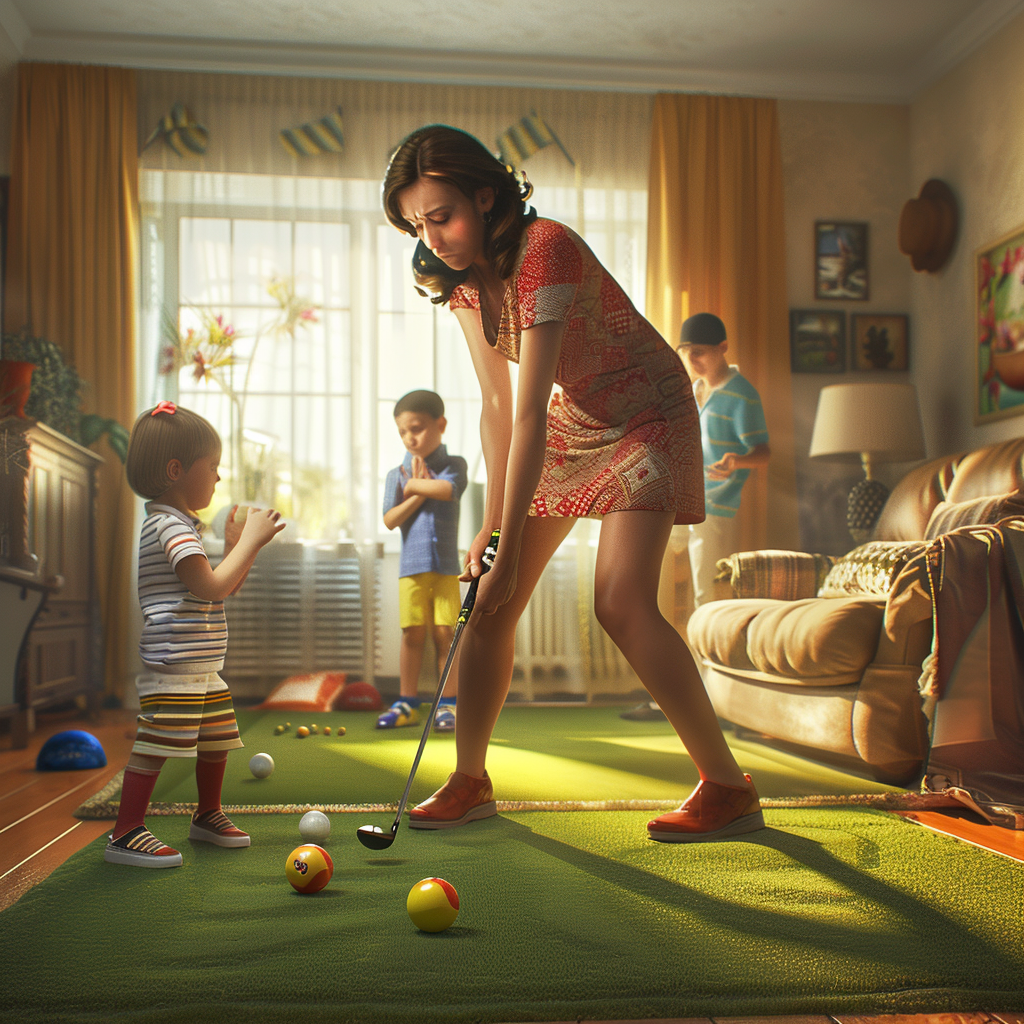 Hispanic mom golfing indoors with kids