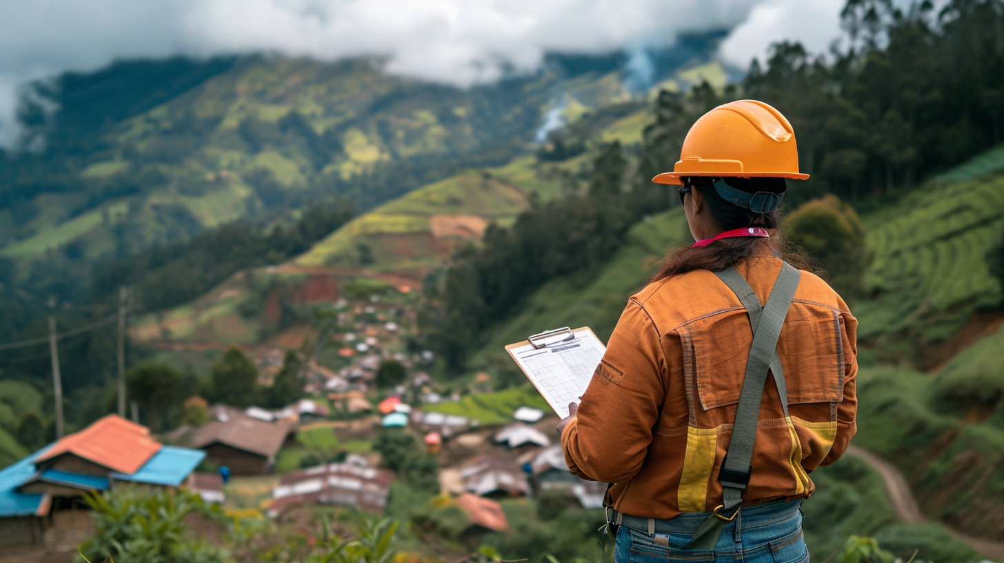 Hispanic person with hardhat holding clipboard for rebuilding project