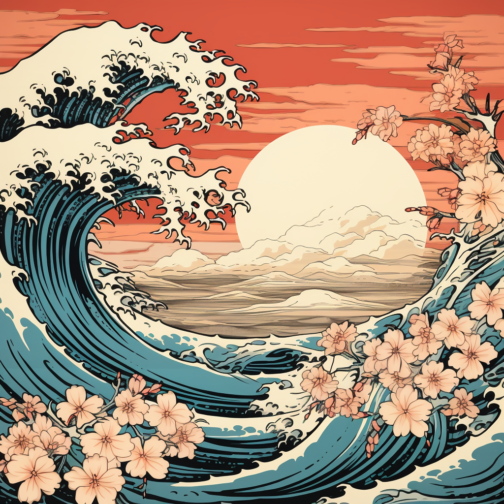 Colorful flower in Hokusai style