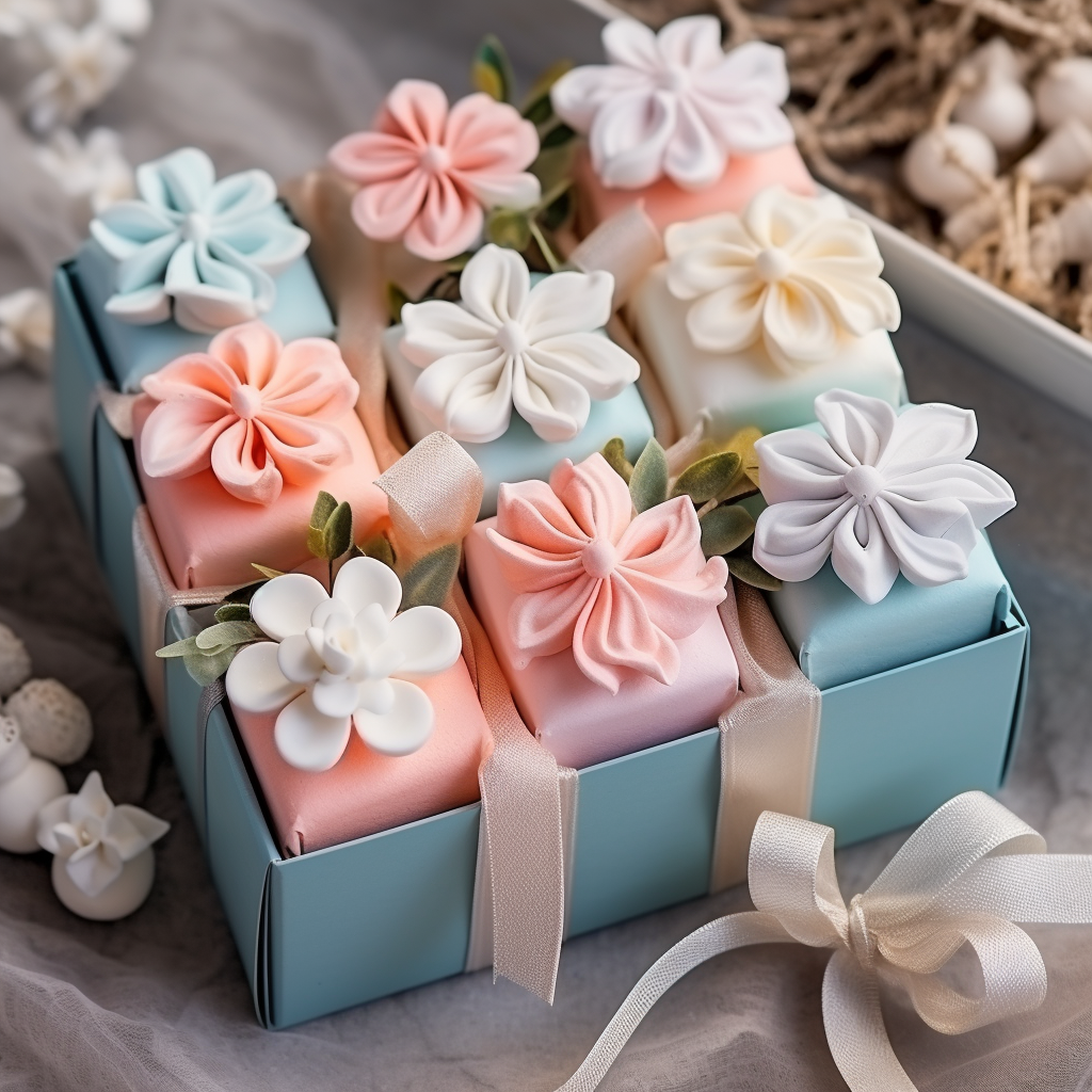 Holiday gift boxes with marshmallow flowers