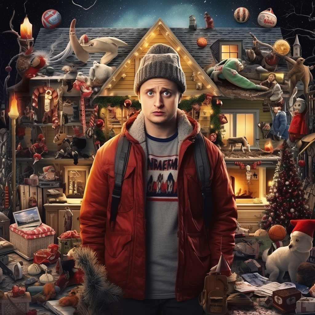 Home Alone Movie Poster with Christmas-themed items