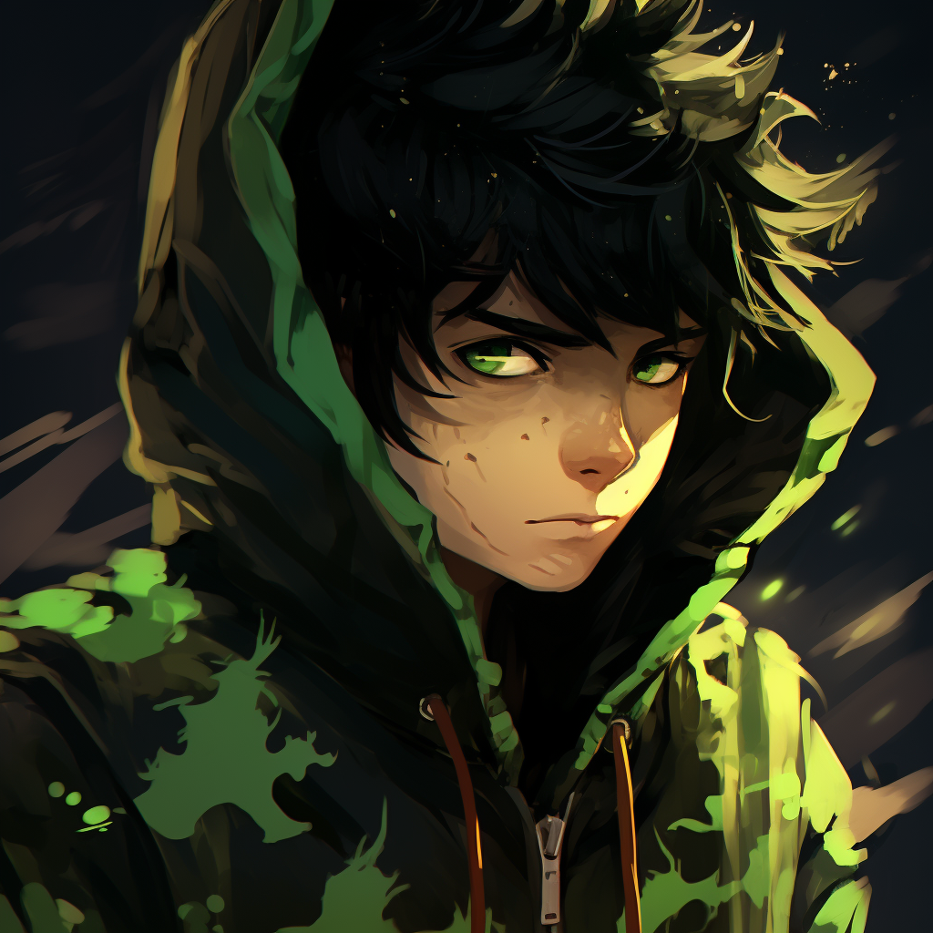 Young male with spiky black hair and green highlighted leaf hoodie