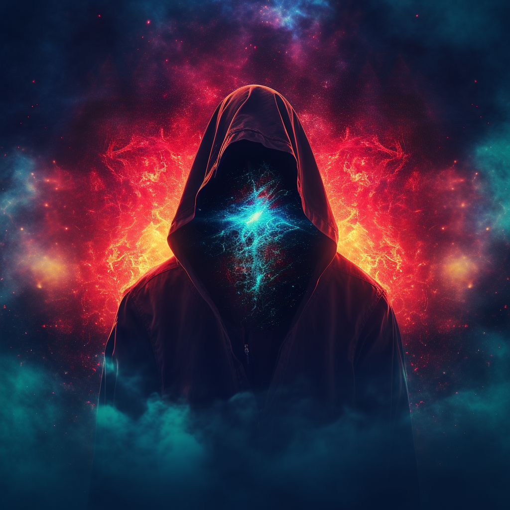 Hooded celestial being creating universe synthwave