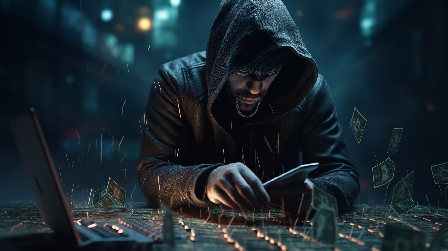 Hooded Hacker with Smartphone Controlling Money