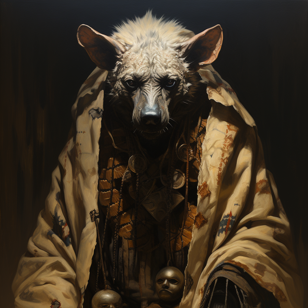 Terrifying hooded hyena shaman with dark magic