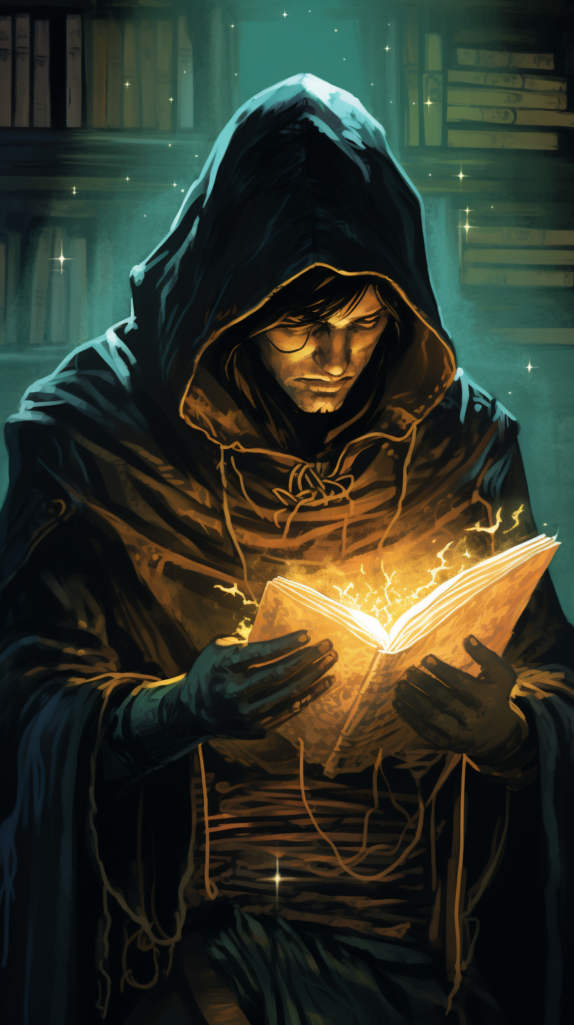 Hooded mage casting spell with quill pen