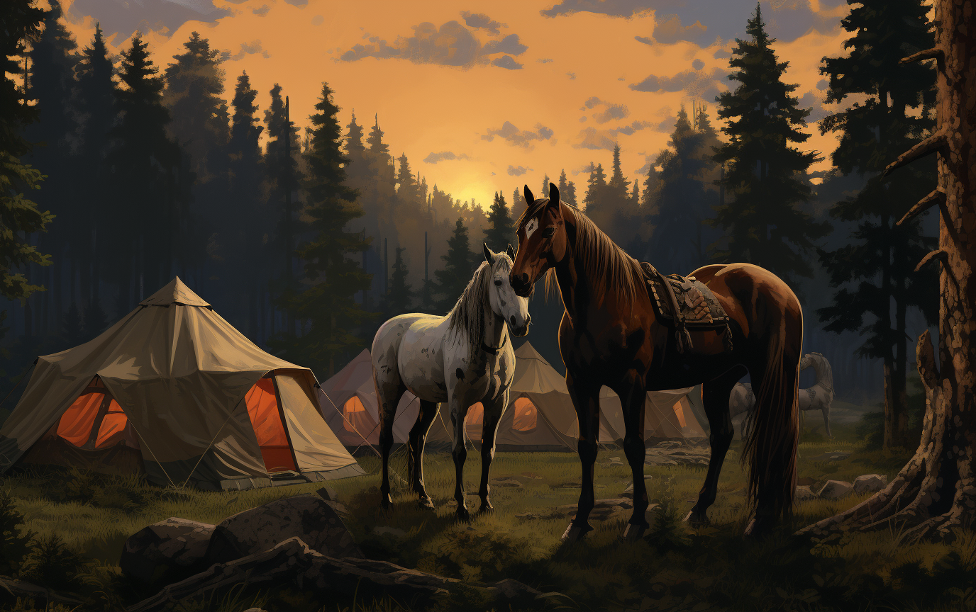 Three horses camping amidst trees