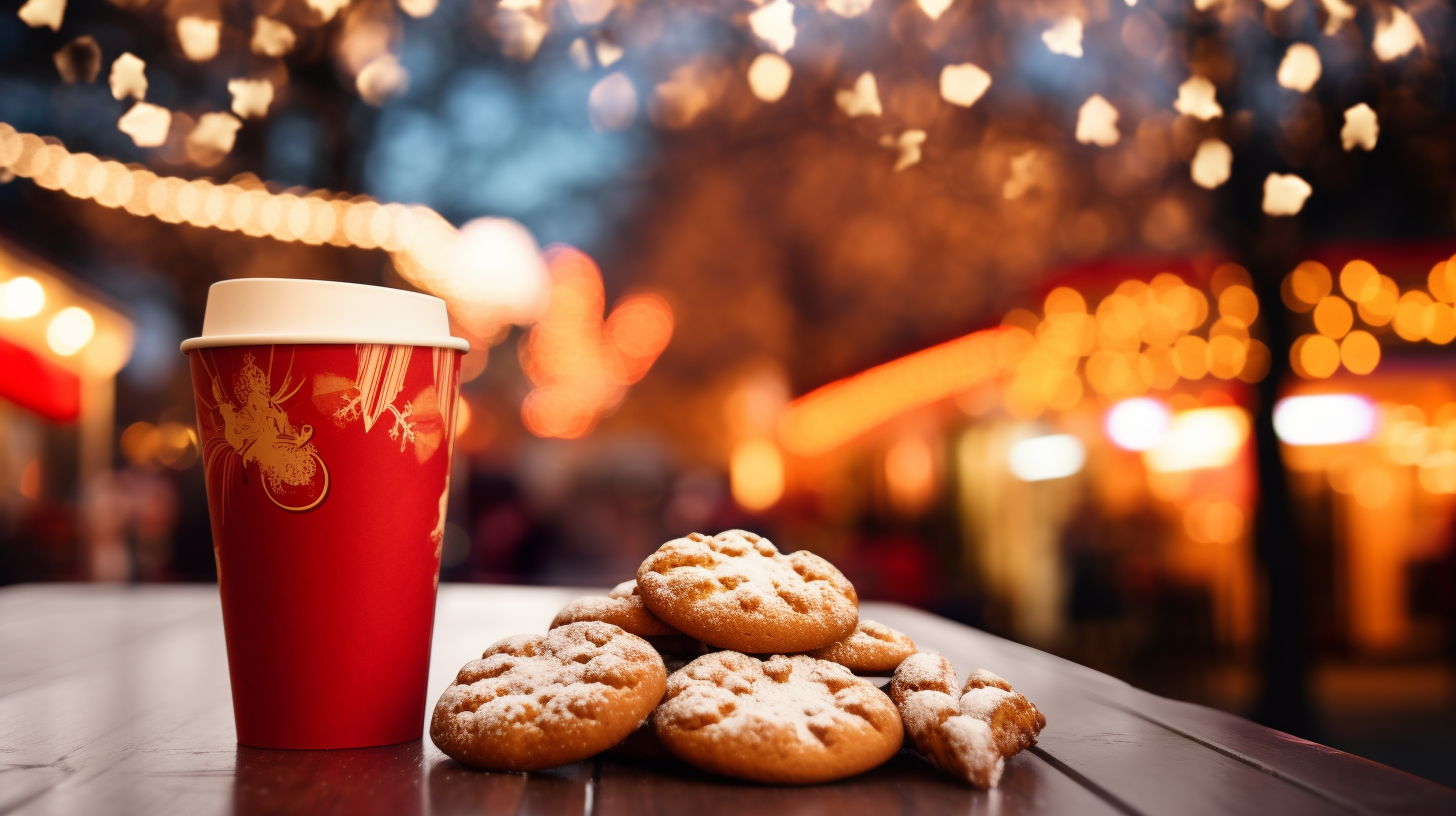 Red Cup of Hot Drink and Christmas Cookies