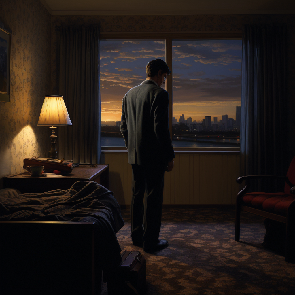 Man arriving at hotel room at midnight