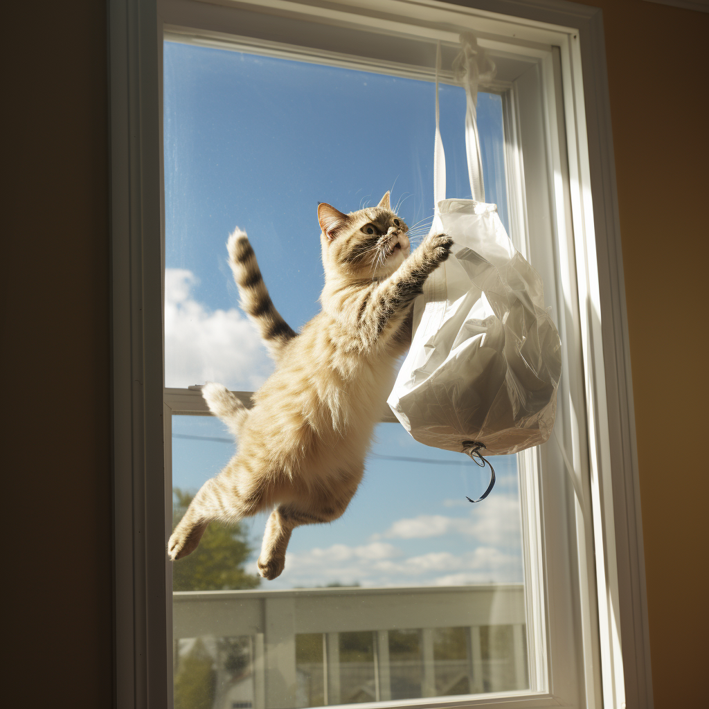 Human cat thief with bag of treasure jumping from window