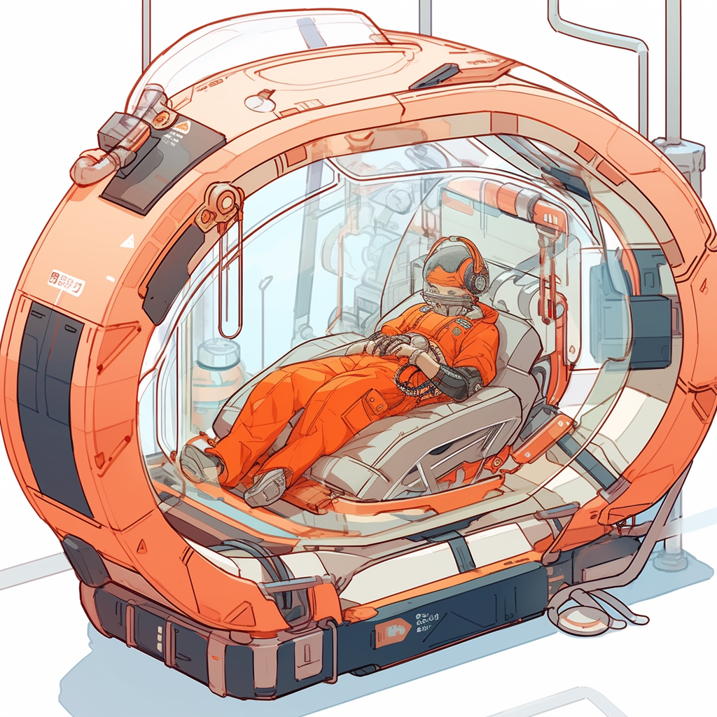 Human inside life support pod