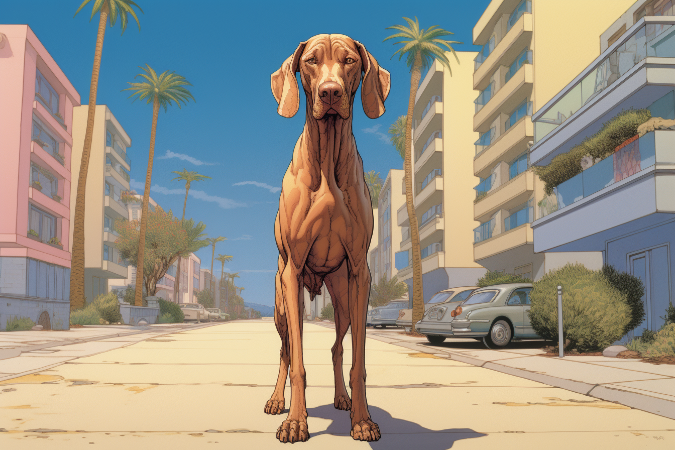 Vizsla on palm tree street