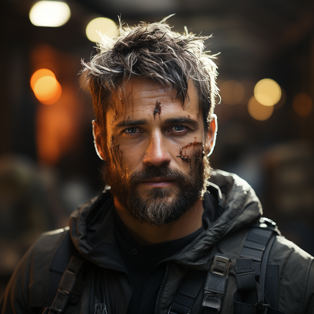 Young man with beard and dark hair in hyper-realistic sci-fi style