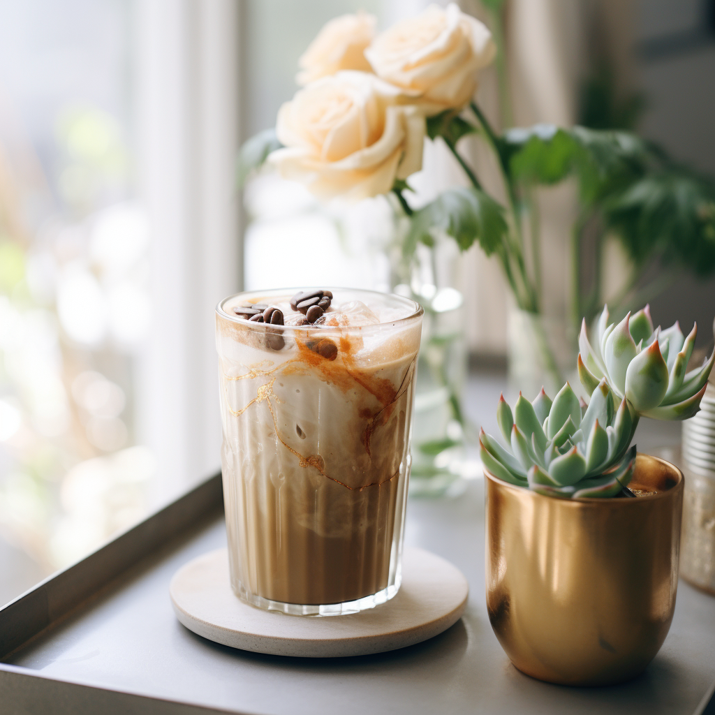 Refreshing iced coffee with cactuses