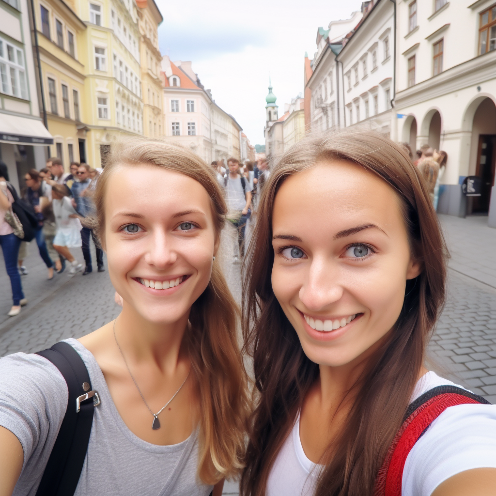 Identical twin sisters taking a selfie in Prague