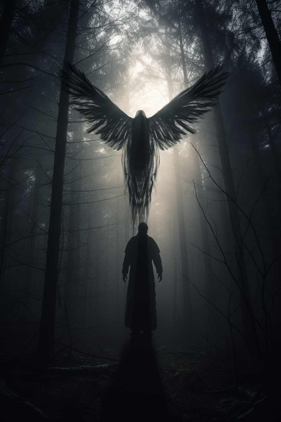 Angel walking in dark forest