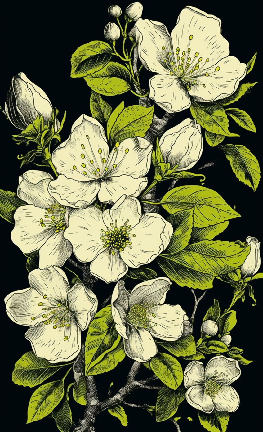 Monochrome cherry flowers illustration