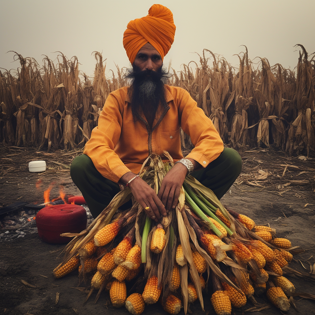 Indian farmer celebrating Lohri with corn