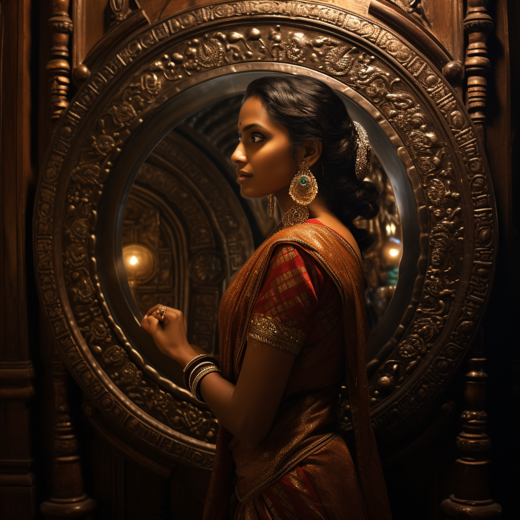 Indian woman in sari with mirror and bindi