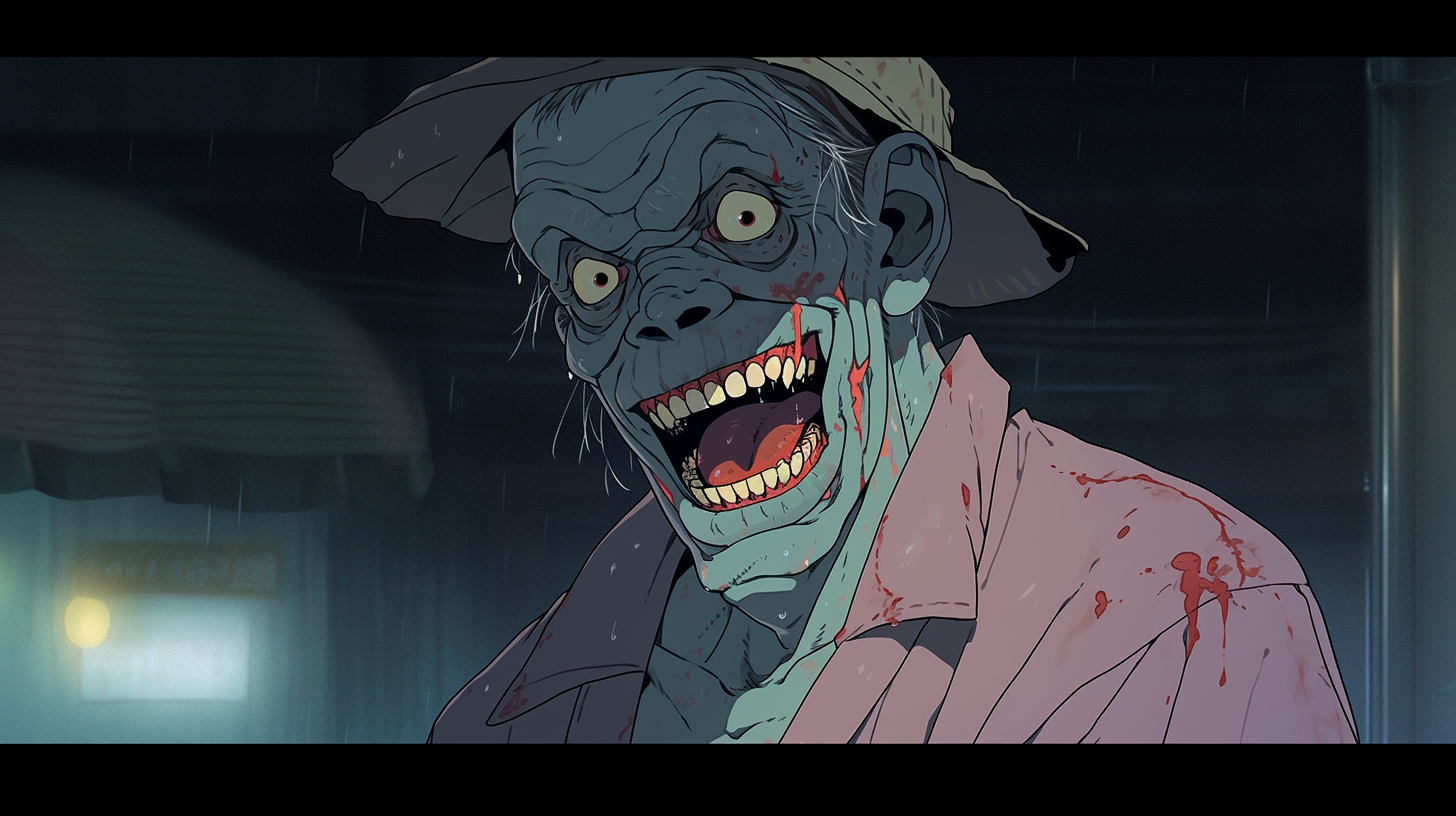 Zombie character with evil grin at night