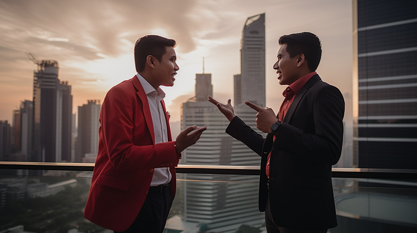 Two young Indonesian businessmen talking on a rooftop at sunset